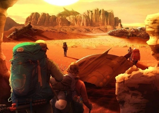 A group of hikers with backpacks walk through a rocky, red desert filled with crashed spaceships and odd rock formations under a bright sun, brought to life using digital art techniques.