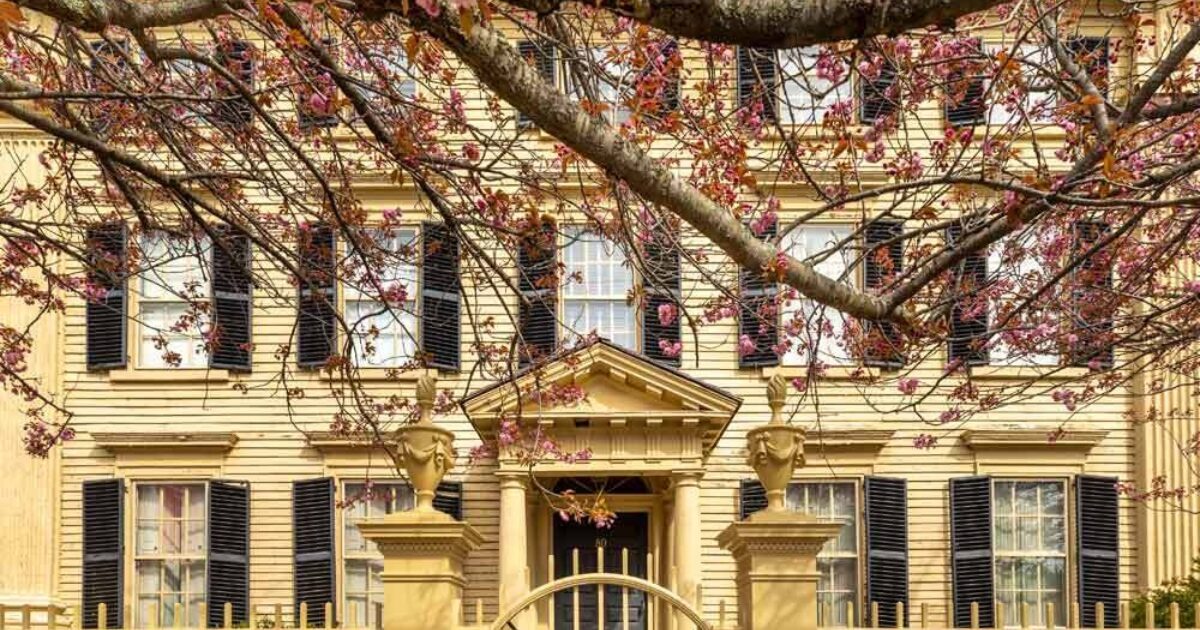 A yellow house with black shutters and decorative columns stands behind a yellow iron fence. Tree branches with pink blossoms partially obscure the front of the house. The house has multiple windows and ornate architectural details.