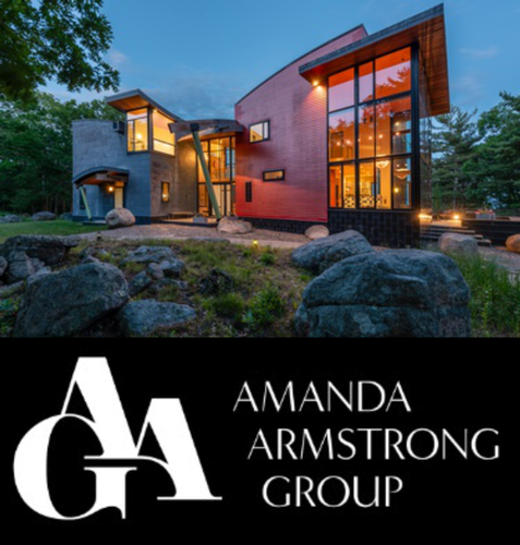 A modern house with large windows and angular rooflines sits among trees and rocks at dusk. Below the photo, the Amanda Armstrong Group logo appears on a black background, highlighting their Business After Hours event at 370 Summer Street.