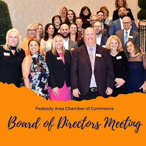 A group of people in formal attire stand together smiling for a photo. Text on the image reads, "Peabody Area Chamber of Commerce Board of Directors Meeting." An orange graphic borders the bottom of the image.