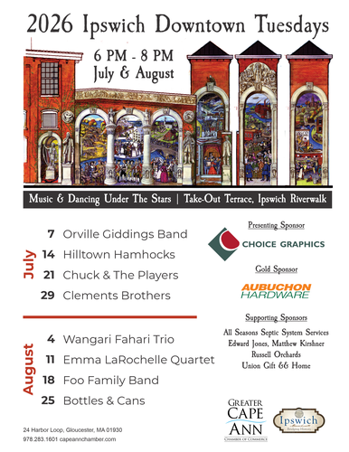 Event poster for “Ipswich Downtown Tuesdays 2026” showcases July-August concert dates, featured bands, and sponsor logos. Vibrant artwork depicts musicians in front of a red building. Join us 6-8 PM in Ipswich, Massachusetts!.
