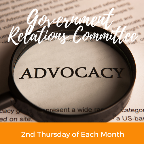 A magnifying glass highlights the word “ADVOCACY” on a document. Text above reads “Government Relations Committee.” An orange banner at the bottom states, “2nd Thursday of Each Month.”.