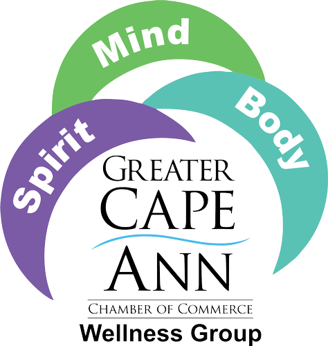 Logo with overlapping arcs labeled "Spirit," "Mind," and "Body" encircling the text "Greater Cape Ann Chamber of Commerce Wellness Group" in black and blue lettering.