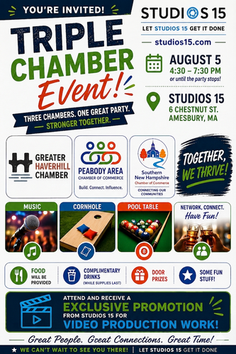 Event flyer for "Triple Chamber Event" on August 5 in Amesbury, MA. Features logos of three local chambers, event details, and images of food, games, prizes, and a camera, with blue, yellow, and white colors.