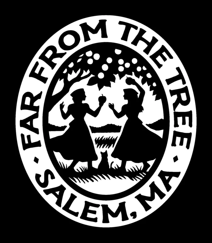 Black and white logo with “Far From The Tree Salem, MA” in a circle around two women holding apples, standing under a tree, with hills, water, and a cat in the background.