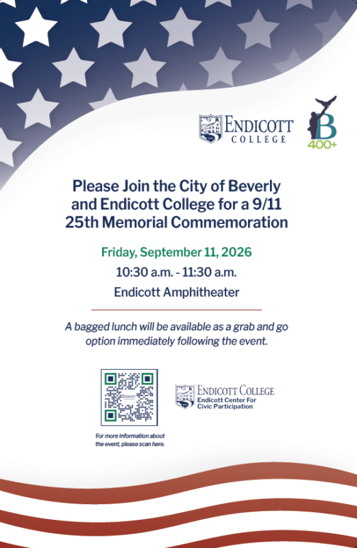 A flyer invites people to a 9/11 25th Memorial Commemoration on September 11, 2026, at Endicott Amphitheater. It includes event time, lunch details, logos, a QR code, and a star-spangled red, white, and blue border.