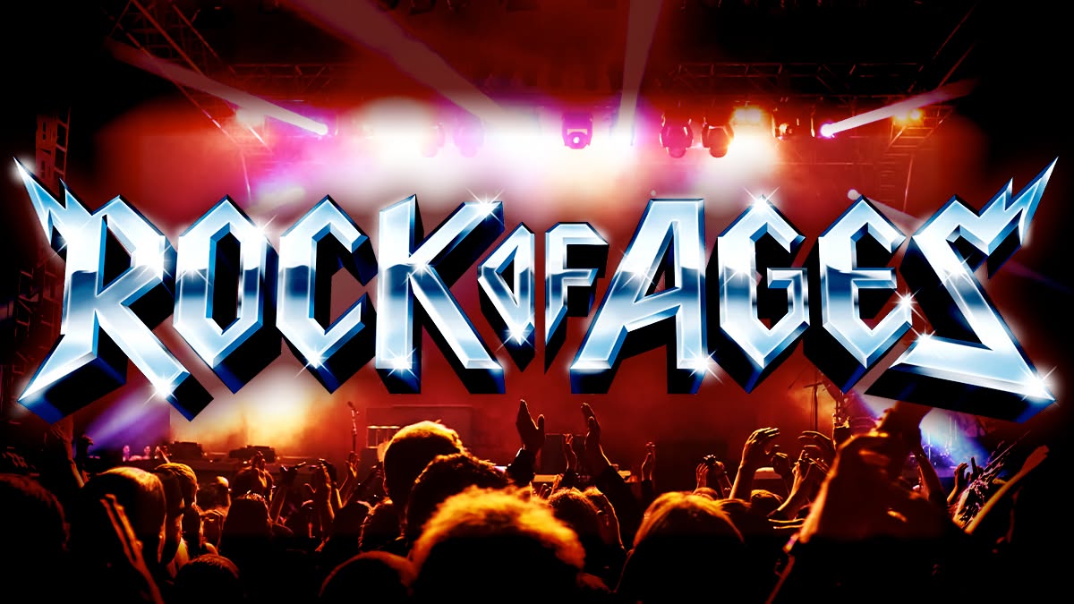 Audience members with raised hands face a brightly lit stage. "Rock of Ages at North Shore Music Theatre" appears in large, metallic, stylized letters, evoking the energy of a rock concert or musical event.