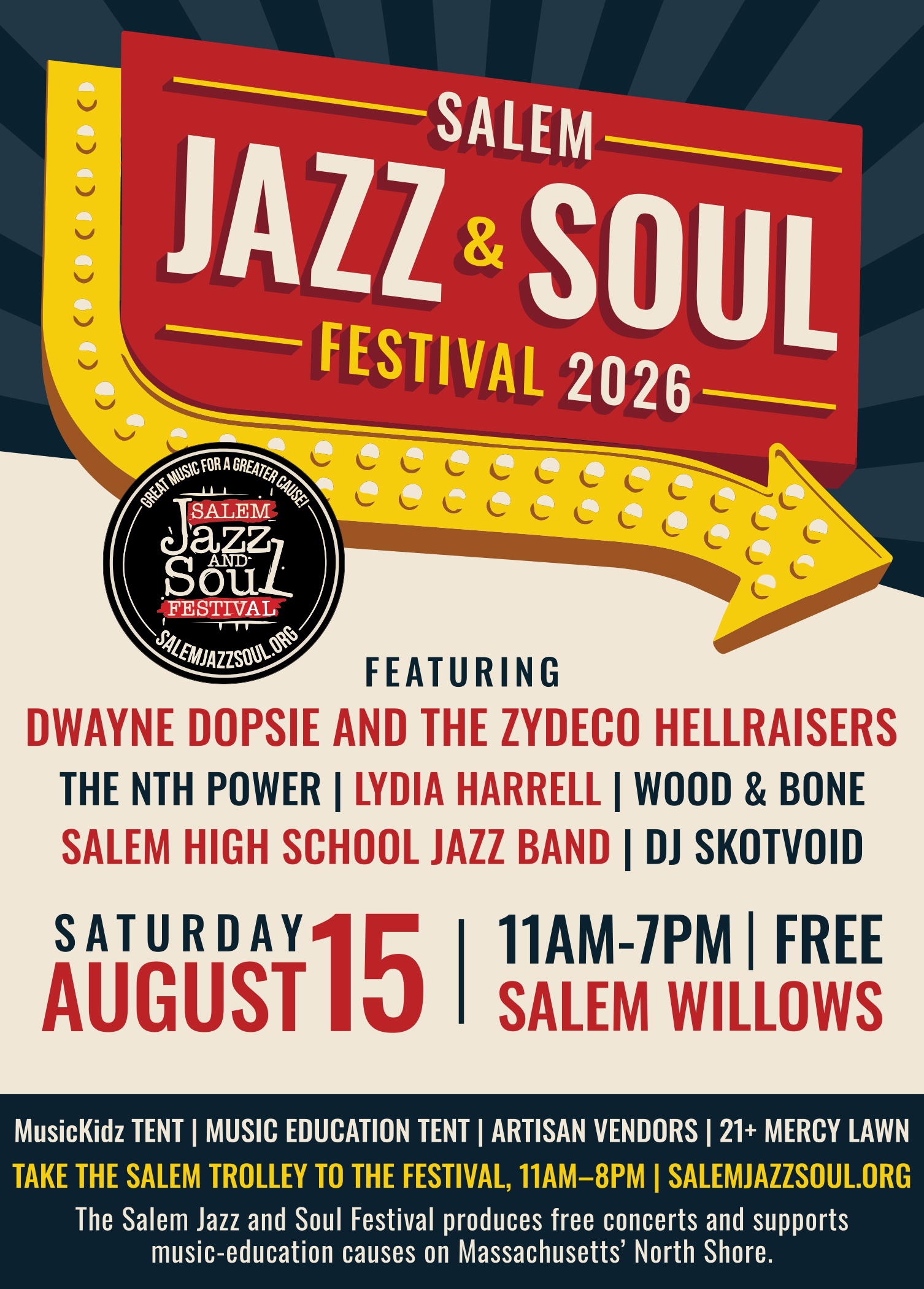 A colorful poster for the Salem Jazz and Soul Festival 2026 lists event details, featured performers, date, time, location, ticket info, and website. A yellow trumpet graphic and festival logo appear at the top.