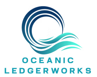 Logo for Oceanic Ledgerworks featuring a stylized wave design in blue and teal above the company name, “Ledgerworks,” which appears in bold, capital letters using a clean sans-serif font.