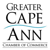 Logo for the Greater Cape Ann Chamber of Commerce. The words "Greater Cape Ann" are in large black font, with a blue wavy line underlining "Cape." "Chamber of Commerce" is written underneath in smaller black letters. White background.