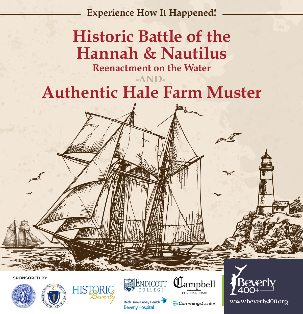 Illustration of a historic sailing ship near a lighthouse. Text promotes the "Historic Battle of the Hannah & Nautilus" reenactment and "Authentic Hale Farm Muster," with sponsor logos and website details at the bottom.
