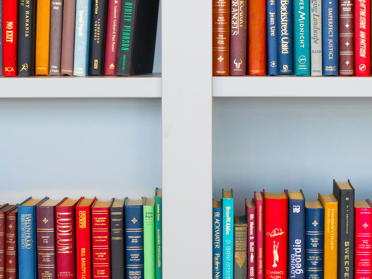 Two shelves of books are shown. The books are arranged vertically and sorted by color, with a mix of blue, red, yellow, and green covers. The spines show various titles and authors, and the shelves are separated by a white divider.