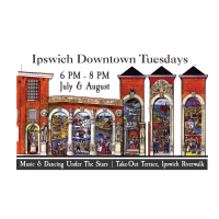 Illustration of Ipswich Downtown with event text: "Ipswich Downtown Tuesdays, 6 PM - 8 PM, July & August." Banner below reads, "Music & Dancing Under The Stars | Take-Out Terrace, Ipswich Riverwalk." The art features colorful buildings and scenes.