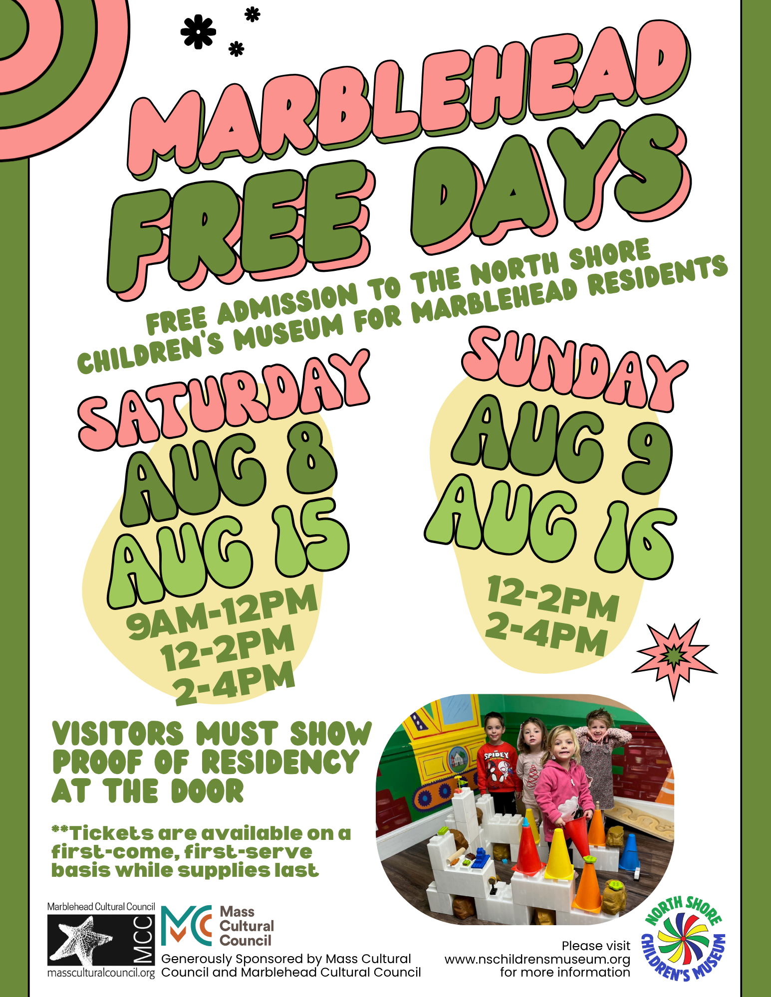 Flyer for Marblehead Free Days at the North Shore Children's Museum, listing August dates and times. Features images of children playing and sponsor logos. Proof of Marblehead residency required; tickets are first come, first served.
