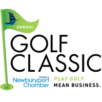 Logo for the Annual Golf Classic, featuring a green flag with a blue sailboat, and text reading "Greater Newburyport Chamber, Play Golf. Mean Business.