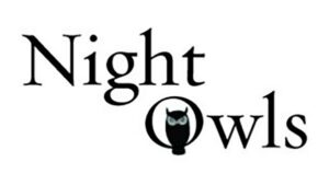 The image shows the text "Night Owls," with the letter "O" in "Owls" replaced by a black owl silhouette with pale eyes, evoking the spirit of Essex County nightlife. The text is in a serif font on a white background.