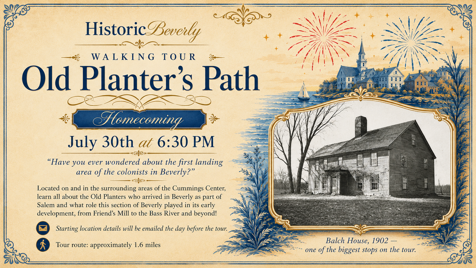 Event poster for a walking tour called "Old Planter's Path" on July 30 at 6:30 PM, featuring an old black-and-white photo of Balch House, details about the event, and illustrated images of fireworks and a town.