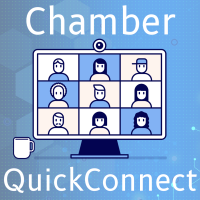 A graphic shows a computer screen with nine illustrated people in a video conference grid. A webcam is on top of the screen, and a coffee mug is at the bottom left. The words “Chamber QuickConnect” are displayed above and below the screen.