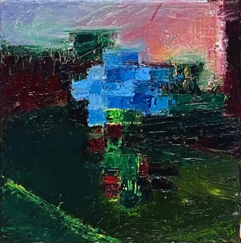 An abstract painting with rough textures, featuring dark green and red tones in the foreground, blue and light blue blocks in the center, and a blend of pink and green shades in the background.
