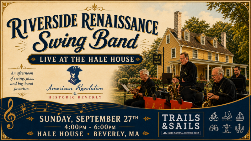 A promotional poster for the Riverside Renaissance Swing Band event at the Hale House in Beverly, MA, shows musicians playing outside a large yellow house, with event details, dates, and sponsor logos included.