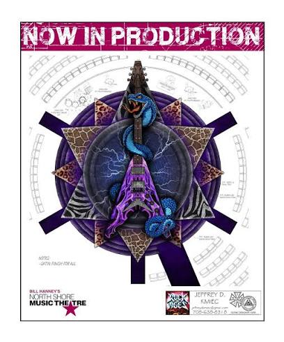 Poster for Rock of Ages at North Shore Music Theatre: a blue snake coils around a purple electric guitar against animal print patterns. "NOW IN PRODUCTION" tops the design, with credits below.