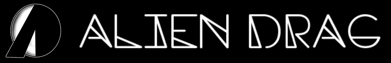 The image displays the words "ALIEN DRAG" in a futuristic font with white glowing lines on a black background. To the left, a circular logo with geometric design elements echoes the mysterious vibe, hinting at something Niorth of Trouble.