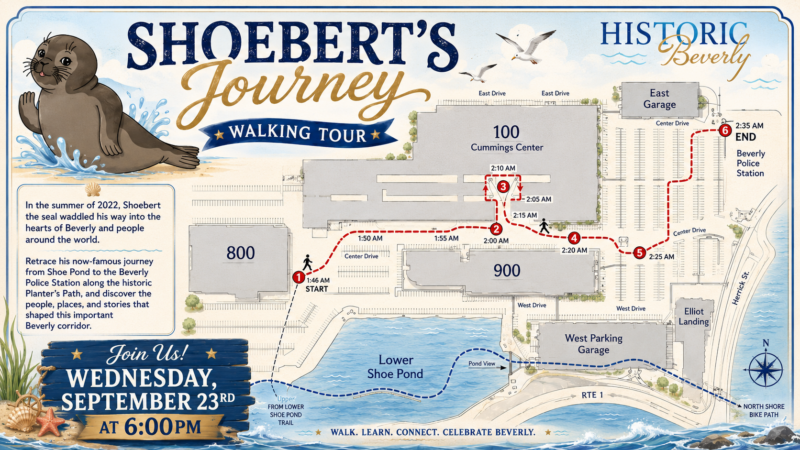 Illustrated walking tour map titled “Shoeburt’s Journey Walking Tour,” tracing a route from the Shoe Pond to Beverly Police Station with numbered stops. Includes a cartoon seal, event details, and a schedule for Wednesday, September 23rd at 6:00 PM.