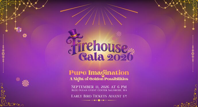 A purple and gold Firehouse Gala 2026 event flyer features event details, star decorations, and a top hat. Text includes date, time, location, and ticket information, with the theme “Pure Imagination: A Night of Golden Possibilities.”.