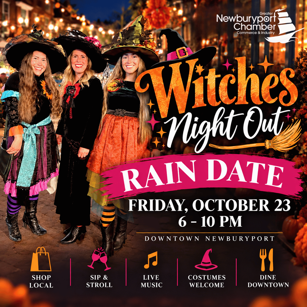 Three women in witch costumes stand in a decorated downtown street to advertise Witches Night Out on Friday, October 23, from 6–10 PM in downtown Newburyport.