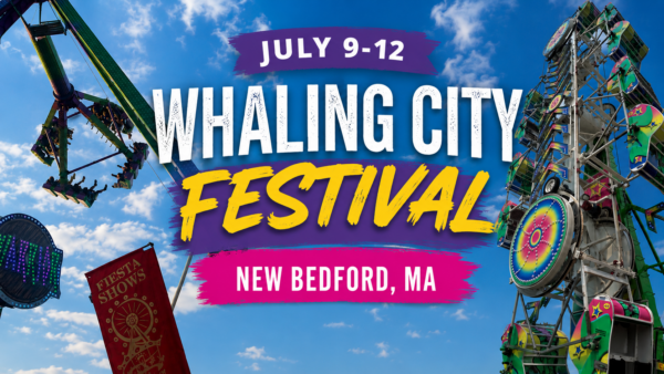 Colorful festival rides spin under a blue sky as text announces the Whaling City Festival in New Bedford, MA, happening July 9-12—join the fun at this iconic Whaling City celebration!.