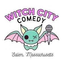 Logo for Witch City Comedy shows a cartoon bat holding a microphone, with "Witch City Comedy" in pink and black letters above, and "Salem, Massachusetts" in script below. The bat is teal with pink wings and stitched details.