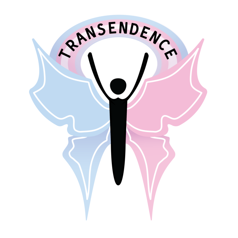 A black figure with raised arms stands before butterfly wings, one blue and one pink. The word "TRANSCENDENCE" arches above the figure within a pink and blue band.