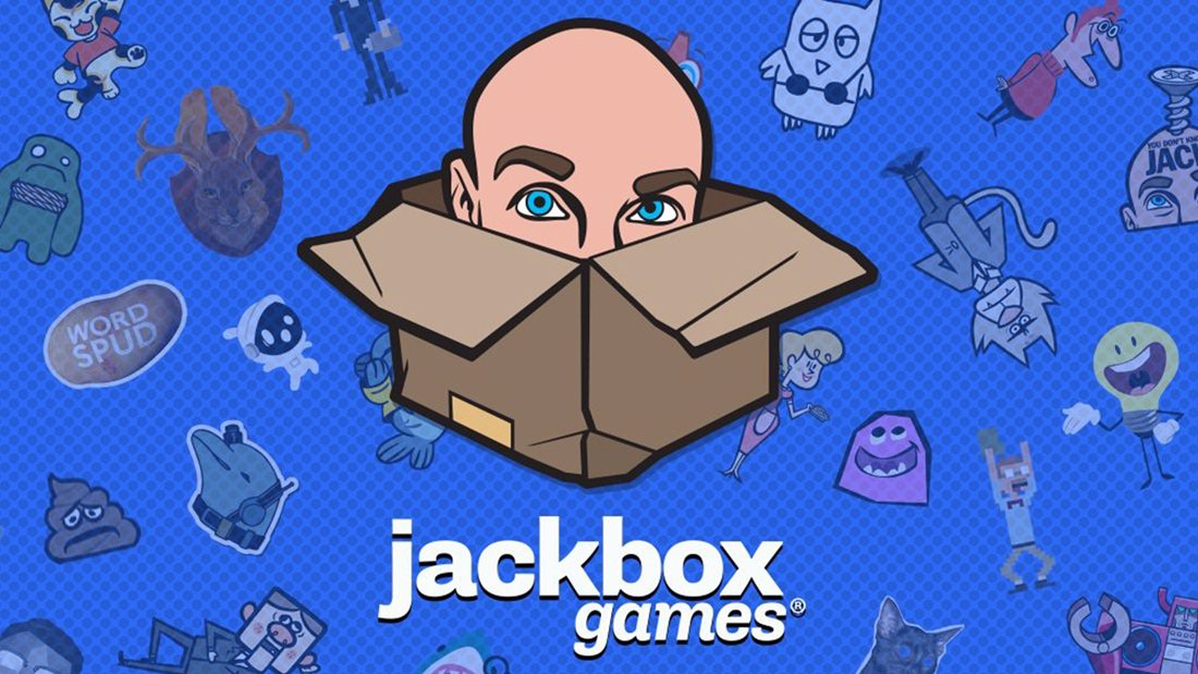 A cartoon bald head with blue eyes peers out of a box at the center. The background is blue with various cartoon characters and drawings. The text "jackbox games" appears at the bottom in bold white letters.