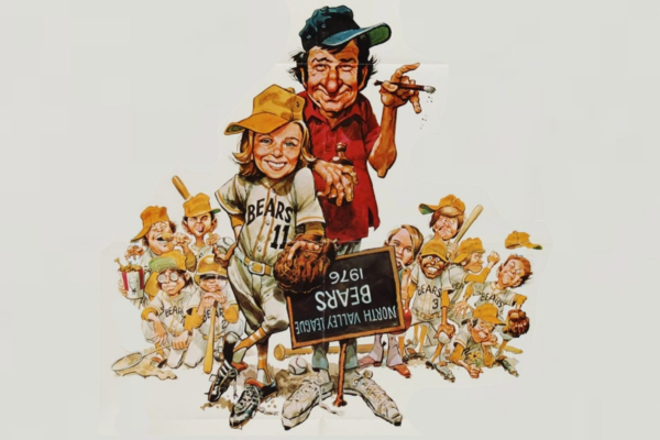 Cartoon drawing of a smiling girl in a baseball uniform and a man in a cap holding a cigar, surrounded by a group of kids in baseball outfits with bats, standing behind a chalkboard that reads "Bears 1976 North Valley League.