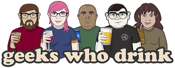 Illustration of five diverse cartoon people holding drinks, with the words “geeks who drink” in large beige letters below them. Some figures have glasses and different hairstyles; drinks include beer and soda.