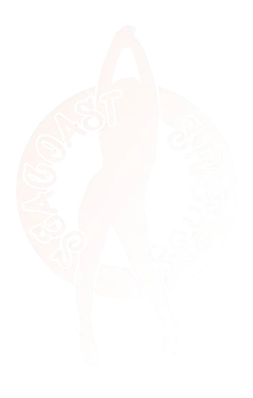 A silhouette of a person in high heels standing with arms raised appears in front of a circular logo that reads "SEACOAST STILETTO." The background is light gray, and the logo text is faint.