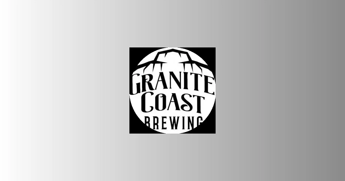 A black and white circular logo with a stylized rock design at the top and the words "Granite Coast Brewing" in bold, uppercase letters, on a gradient gray background.
