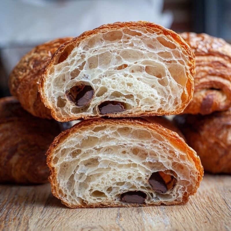 Two halves of a chocolate croissant are stacked on a wooden surface, showing a flaky, golden-brown crust and an airy, layered interior with pieces of dark chocolate. Whole croissants are partially visible in the blurred background.