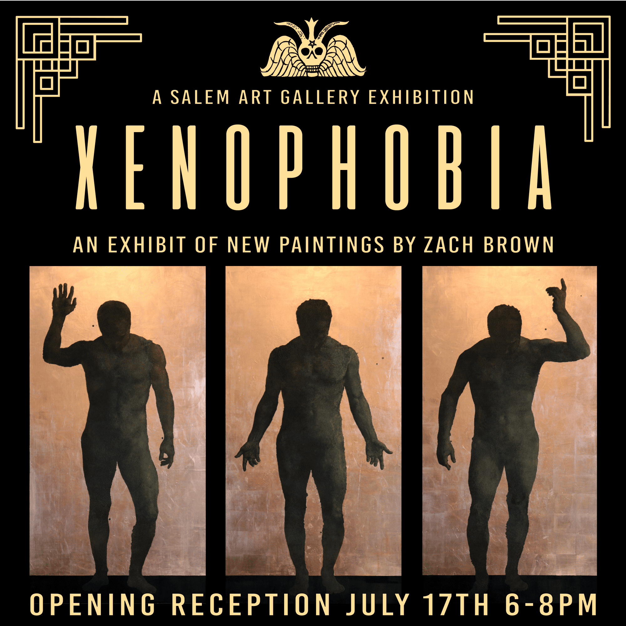Exhibition poster for “Xenophobia” featuring three silhouetted human figures in different poses against a textured background. The event is an art exhibit by Zach Brown at Salem Art Gallery, with an opening reception on July 17th from 6-8 PM.