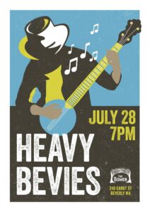Stylized poster of a banjo player in hat and jacket, music notes swirling. Text: "JULY 28 7PM, HEAVY BEVIES, The Bower, 248 Cabot St, Beverly MA." Blue/yellow. Celebrate Essex County’s Sevenings with CCE Nightlife!.