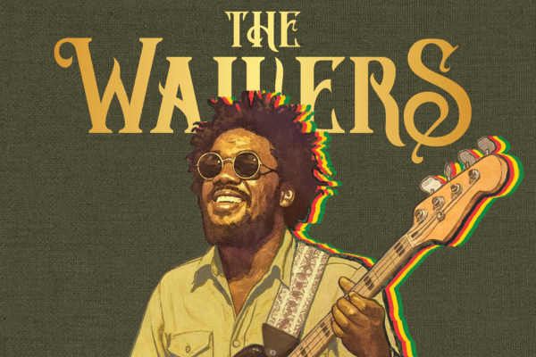 An illustrated man with sunglasses and an afro smiles while playing bass guitar in front of large yellow text reading "The Wailers" on a dark green background. The image has a vintage, textured style with colorful outlines around the figure.
