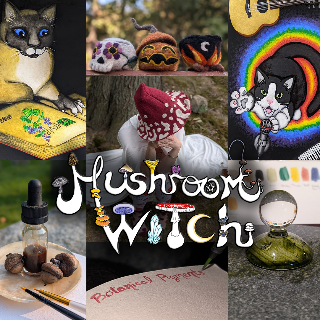 A collage with “Mushroom Witch” in white text. Images include a cartoon cat with a spellbook, felted mushrooms, a person in a red mushroom hat, a painted cat, a vial with acorns, and a glass orb by a sketchbook. Various mushrooms are illustrated throughout.