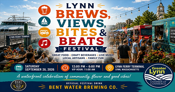 Festival advertisement for Lynn Brews, Views, Bites & Beats Festival, showing food trucks, people eating outdoors, and event details including date, time, location, sponsor, and activities like food, music, and local artisans.