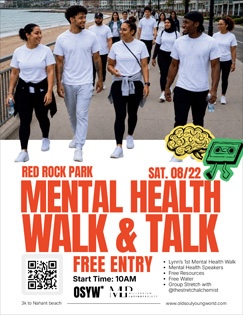 A diverse group of people in white shirts walk together outdoors. Text reads: “Red Rock Park Sat. 08/22 Mental Health Walk & Talk. Free Entry. Start time: 10AM.” Details about resources, speakers, and activities are also listed.