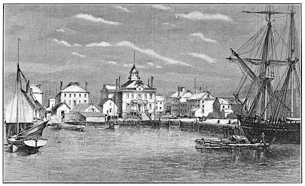 A historic waterfront scene with sailboats and a larger ship docked along buildings. A prominent building with a cupola stands in the center. The water is calm, and several people are visible near the boats and along the shore. The sky is partly cloudy.
