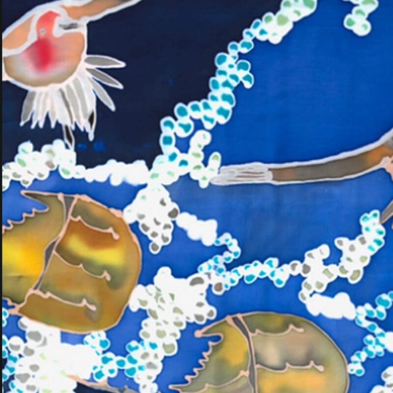 Two horseshoe crabs and a bird are depicted against a blue background with white and light blue circular patterns, possibly representing bubbles or seafoam. The image has an abstract, painted style.