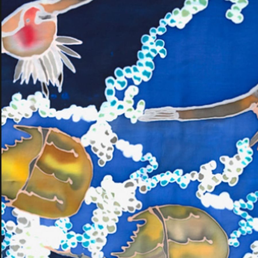 Two horseshoe crabs and a bird are depicted against a blue background with white and light blue circular patterns, possibly representing bubbles or seafoam. The image has an abstract, painted style.