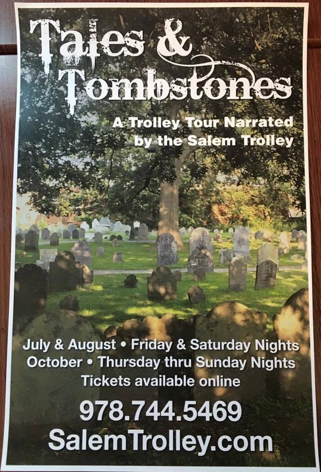 Poster for “Tales & Tombstones,” a narrated trolley tour by Salem Trolley. Cemetery scene features tombstones and trees. Discover Salem’s spooky tales! Ticket info, schedule, phone number, and SalemTrolley.com appear in white text.