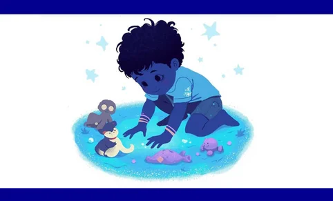 A child with curly hair kneels on the ground, looking at small, colorful creatures in a blue, glowing area. Stars float above, and the background has blue borders. The child wears a blue shirt and wristbands.