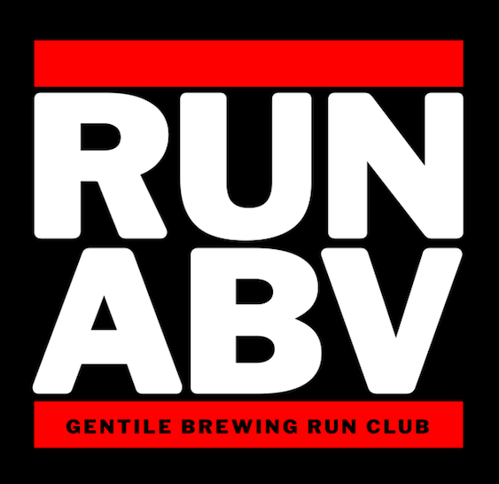 White bold text on black reads “RUN ABV” with red borders above and below. Bottom red border features smaller white text: “GENTILE BREWING RUN CLUB”—the perfect look for a running event or your next ABV Trail adventure.
